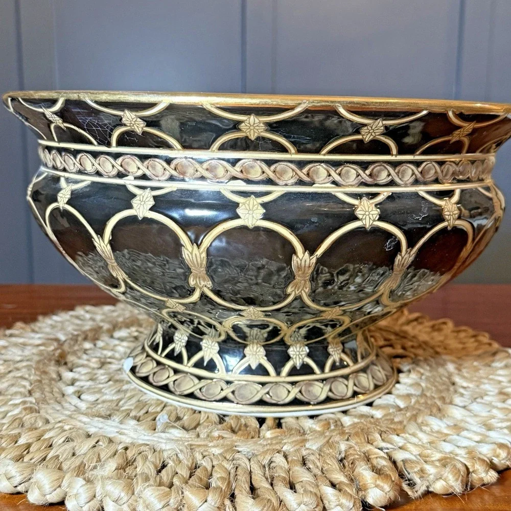 Asian Footed Pedestal Bowl Black & Gold Hand Painted Geometric Planter 12.5
